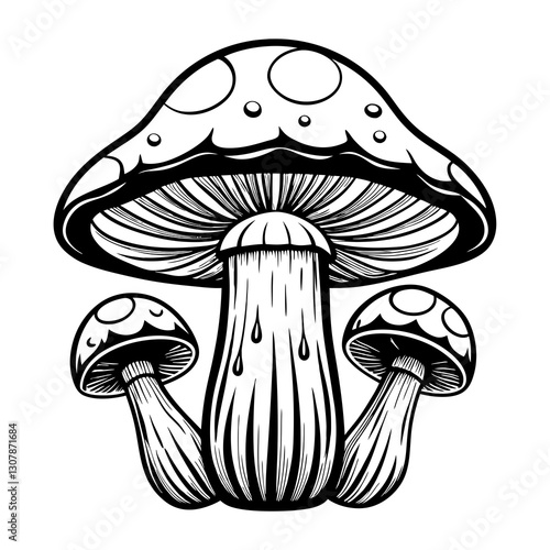 a monochrome image of three mushrooms, with one being larger than the others, each with a distinct pattern of dots on their caps, vector illustration