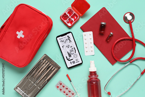 Mobile phone with first aid kit and medical supplies on green background. Tel...
