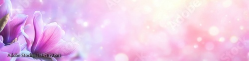 Beautiful blooming magnolia flowers in spring on a blurred pastel background with copy space
