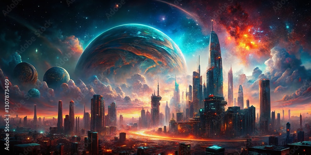 Abstract Aerial Cityscape: Skyscrapers Merging with Nebulae and Stars Abstract Aerial Cityscape: Skyscrapers Merging with Nebulae and Stars