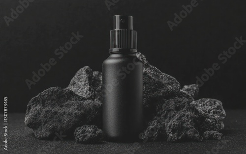 Black spray bottle on dark rocks.