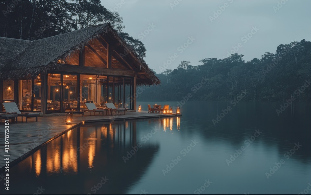 Naklejka premium Luxurious lakeside villa with infinity pool at dusk.