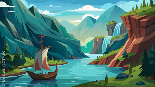 Viking-inspired fjord landscape with steep cliffs and a Viking ship