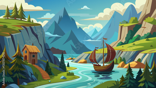 Viking-inspired fjord landscape with steep cliffs and a Viking ship