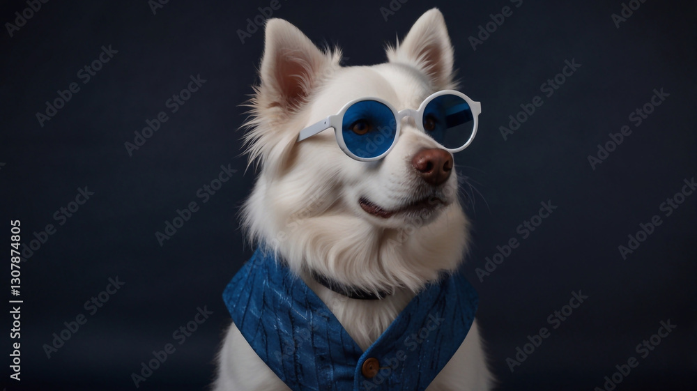 White dog in blue glasses, in a blue vest, on a dark blue background White dog in blue glasses, in a blue vest, on a dark blue background