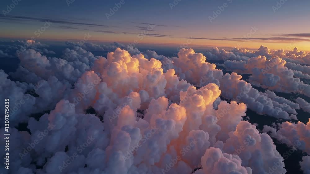 Aerial video captures a breathtaking sunset over fluffy clouds, with warm hues and a wide-angle view, creating a serene and expansive atmosphere. Live desktop wallpaper.