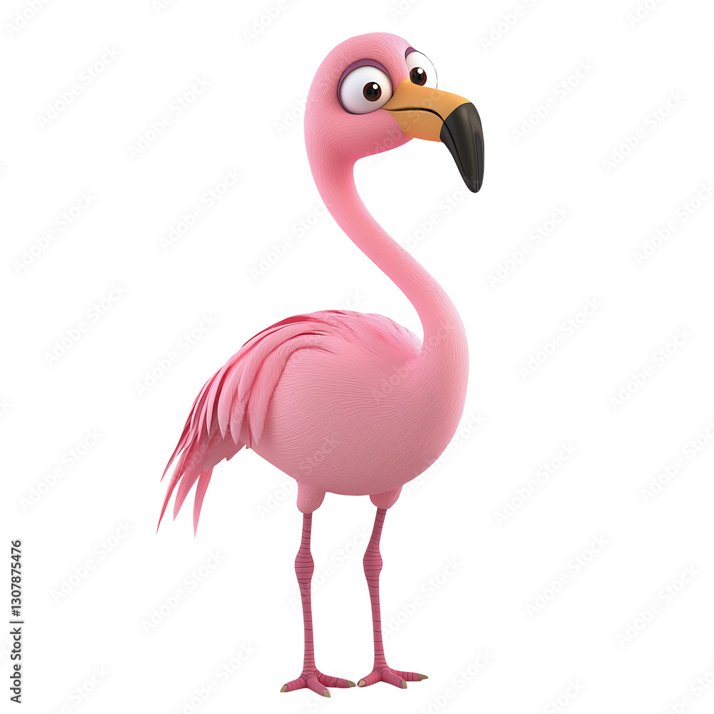 Fototapeta premium Cute cartoon 3D pink flamingo with big eyes and a friendly expression, standing on two legs. Fun and playful illustration for kids, animations, and design projects