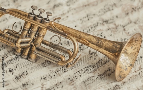 Vintage trumpet rests on aged sheet music. (1)