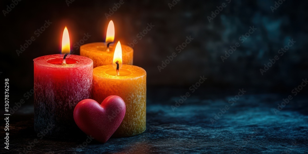 Warm glow of candles and heart shaped decoration create a cozy atmosphere for relaxation and reflection Warm glow of candles and heart shaped decoration create a cozy atmosphere for relaxation and reflection