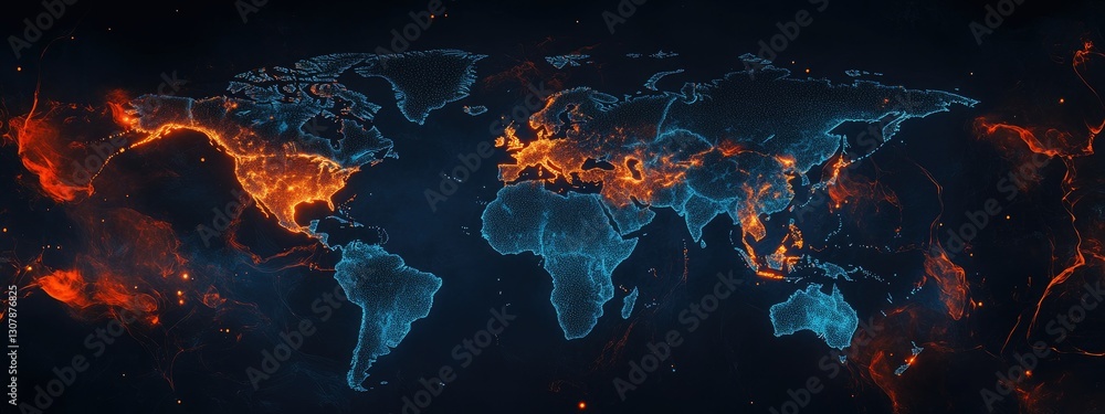Fototapeta premium Global Network Illuminated World Map, Data Flow, Background Nebula