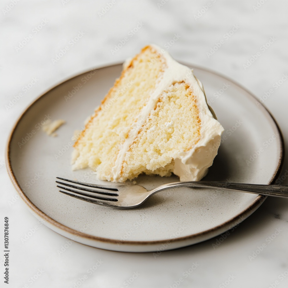 Slice of classic vanilla cake on ceramic plate with fork for dessert Slice of classic vanilla cake on ceramic plate with fork for dessert