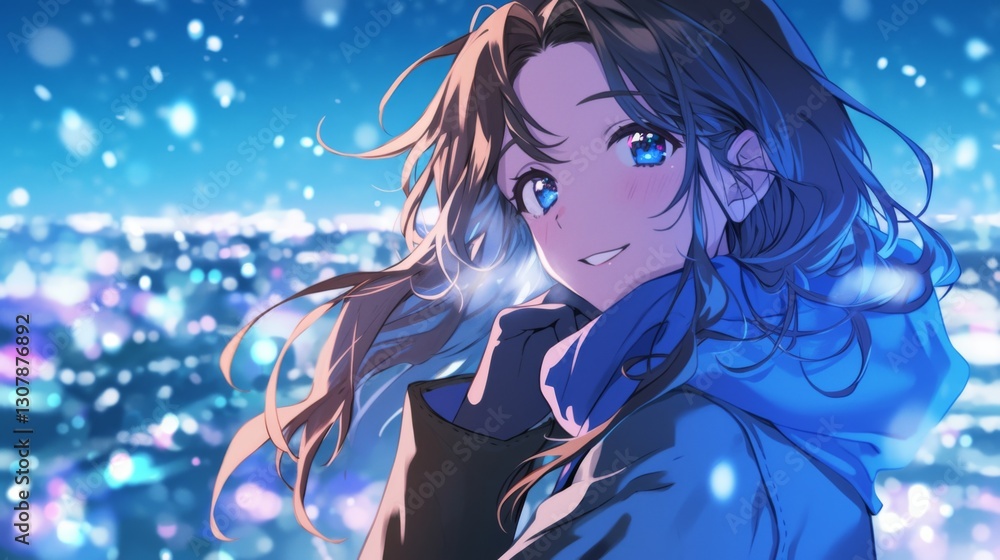 Smiling anime girl with long hair wearing a blue outfit and scarf, looking at the camera against a snowy winter city night view. Smiling anime girl with long hair wearing a blue outfit and scarf, looking at the camera against a snowy winter city night view.