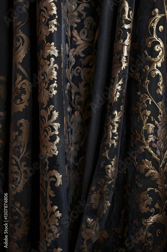 Luxurious Curtain: A dark elegant curtain features a striking gold pattern, creating a sense of opulence, mystery, and sophistication