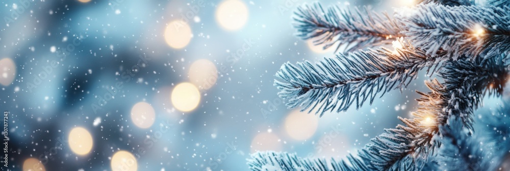 Close-up of snowy pine tree branches with bokeh lights in the background, creating an enchanting winter scene Close-up of snowy pine tree branches with bokeh lights in the background, creating an enchanting winter scene