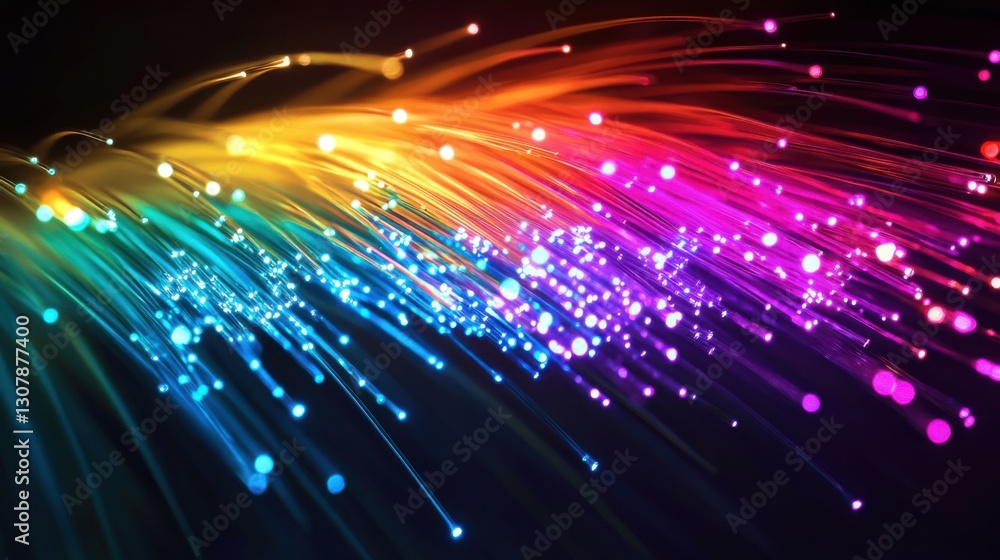 Obraz premium Colorful fiber optic cables with light rays and glow, representing fast internet technology