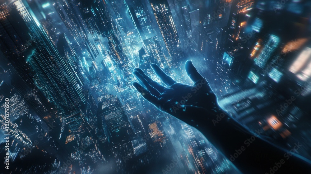 Futuristic cityscape with illuminated skyscrapers and hand reaching out Futuristic cityscape with illuminated skyscrapers and hand reaching out