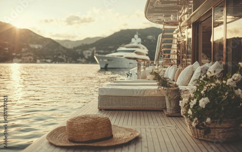 Sunset yacht deck scene with hat, pillows, flowers, and another yacht in the background.