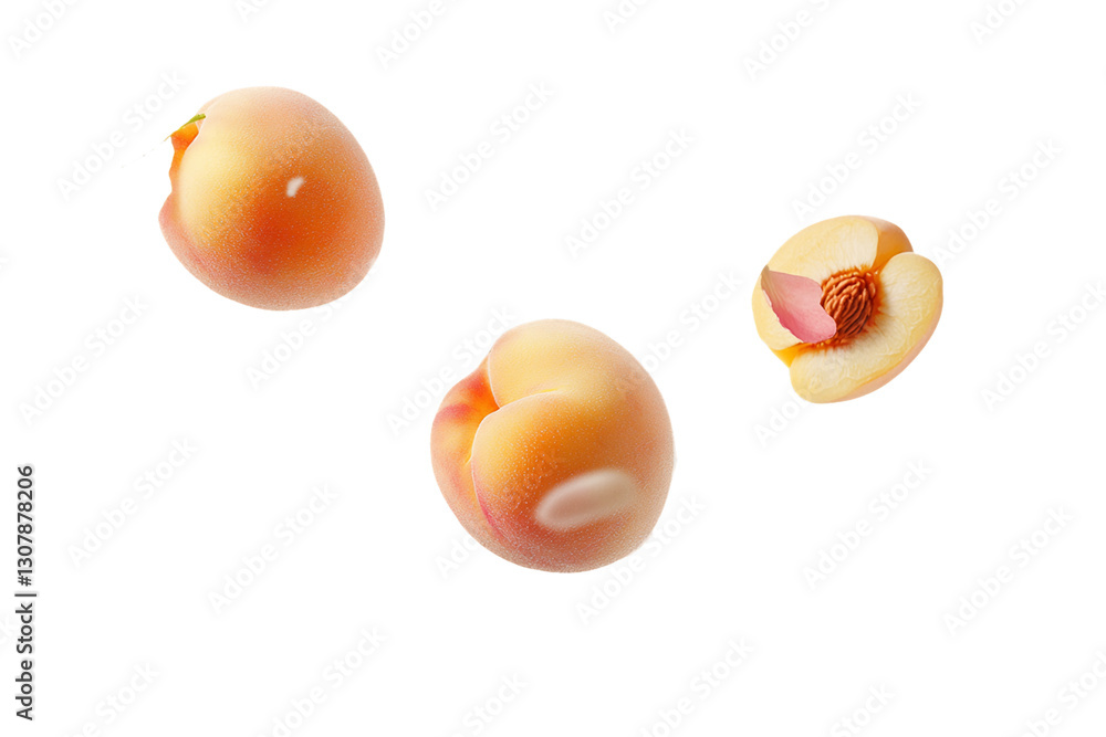 Three Ripe Whole and Halved Peaches on Transparent Background, PNG Three Ripe Whole and Halved Peaches on Transparent Background, PNG