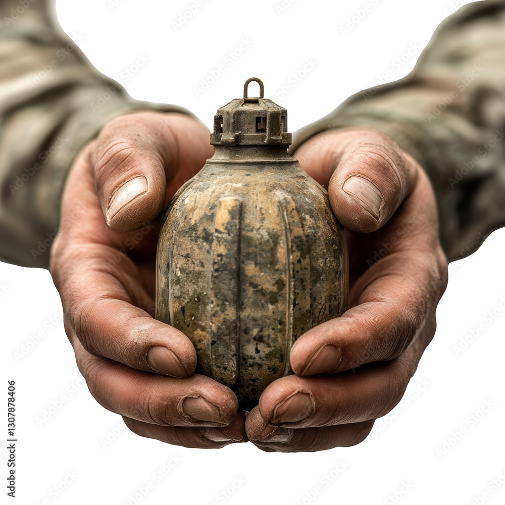 Fototapeta premium Soldier holding a hand grenade with a cautious grip in combat zone