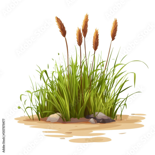 Lush grass and reeds near calm water at a tranquil location