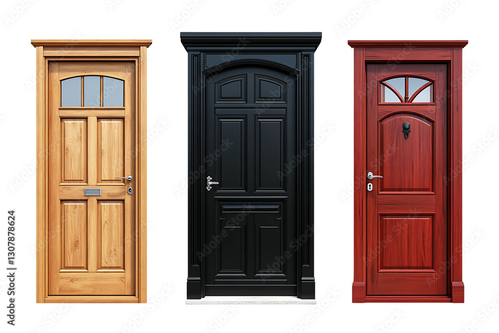 Three Wooden Doors With Glass Panels on Transparent Background, PNG Three Wooden Doors With Glass Panels on Transparent Background, PNG