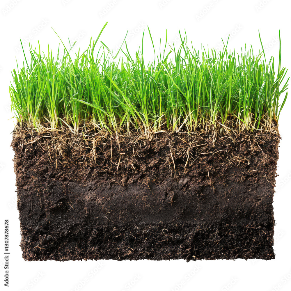 Soil profile showcasing healthy grass roots and rich soil layers Soil profile showcasing healthy grass roots and rich soil layers