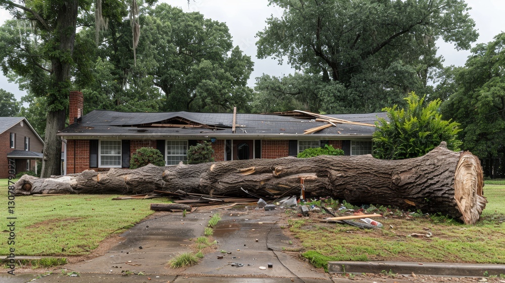 Fallen tree on house roof a stark reminder of natural disaster recovery and emergency response Fallen tree on house roof a stark reminder of natural disaster recovery and emergency response