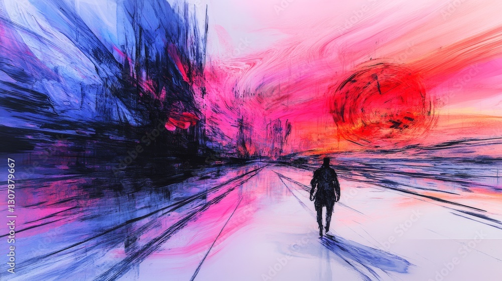 Fototapeta premium A lone figure walks towards a vibrant, abstract sunset. The colors are bold and the mood is contemplative.