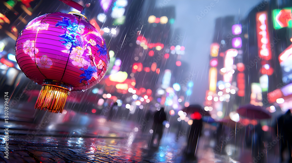 Rainy Cyberpunk City Night: Pink Lantern Glows in Neon Reflections Rainy Cyberpunk City Night: Pink Lantern Glows in Neon Reflections