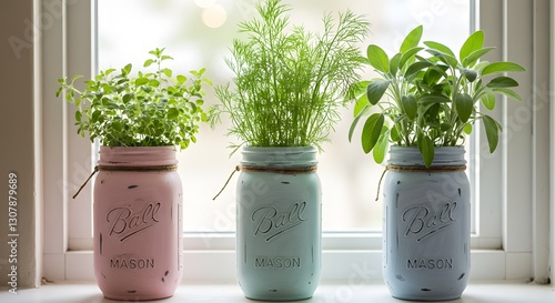 Charming rustic herbs planted in painted mason jars on windowsill sage dill home pink blue life decor