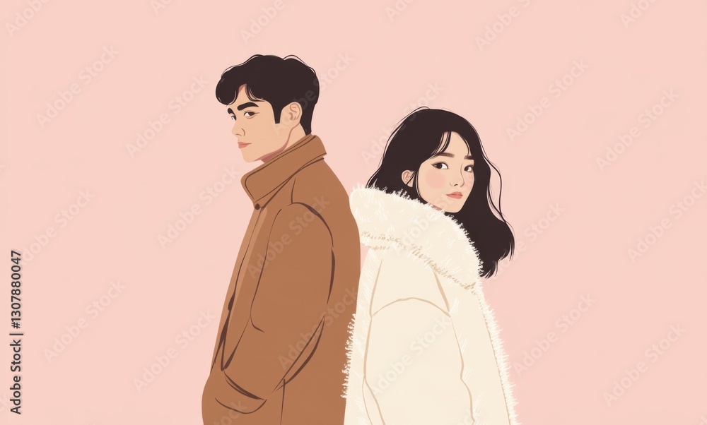 A man in a brown coat walking away, while an Asian woman in a white fur jacket turns her head back A man in a brown coat walking away, while an Asian woman in a white fur jacket turns her head back