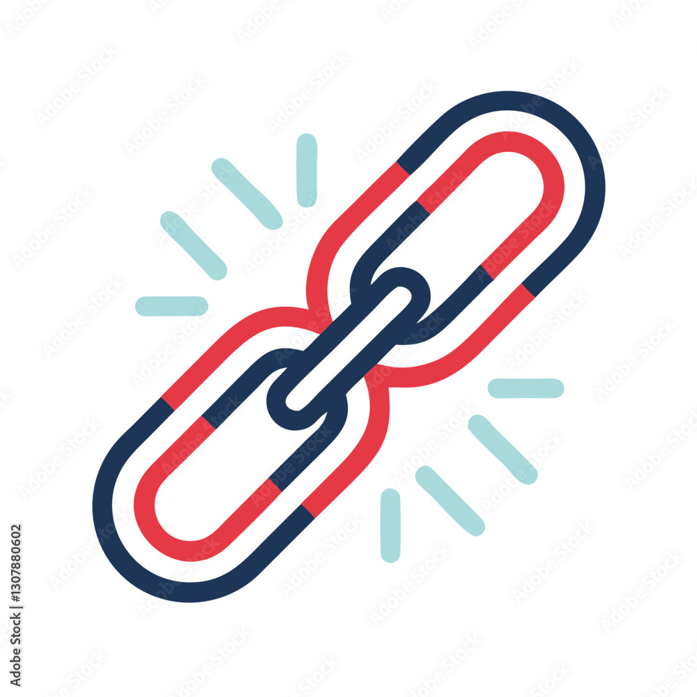 Two separated chain links in red and dark blue with light blue radiating lines between them. Clean stylized illustration on white background. Concept broken connection, 404 error, severed network. Two separated chain links in red and dark blue with light blue radiating lines between them. Clean stylized illustration on white background. Concept broken connection, 404 error, severed network.