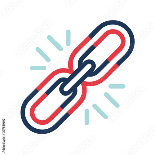 Two separated chain links in red and dark blue with light blue radiating lines between them. Clean stylized illustration on white background. Concept broken connection, 404 error, severed network.