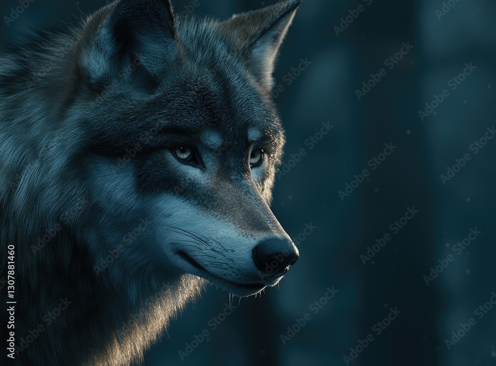 Majestic wolf portrait, twilight forest, winter, calm Majestic wolf portrait, twilight forest, winter, calm