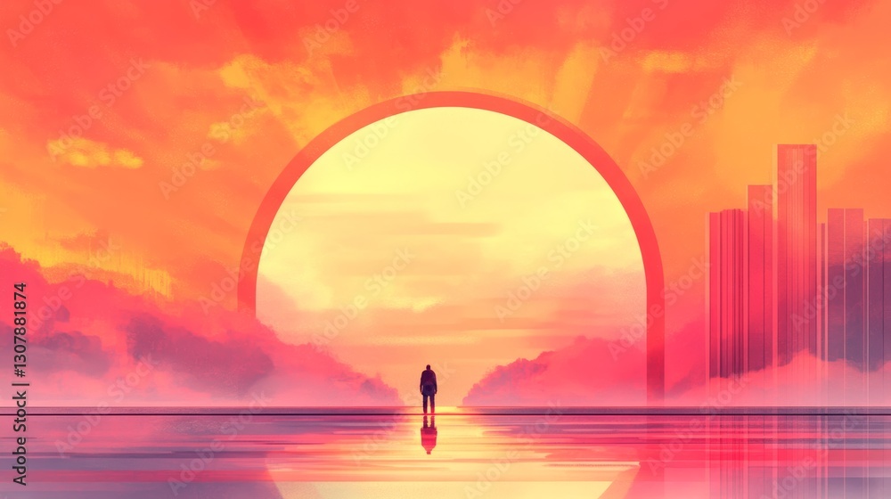 Fototapeta premium A lone figure stands silhouetted against a vibrant sunset, framed by a large archway. Warm, dreamy colors dominate the scene.