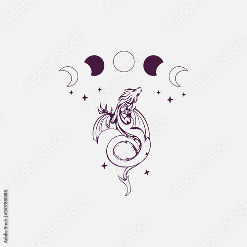 Dragon illustration with moon dragon silhouette logo