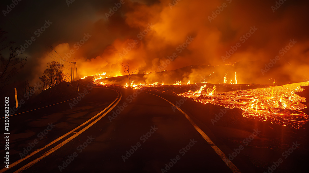 Lava Flow Engulfs Road at Night Lava Flow Engulfs Road at Night