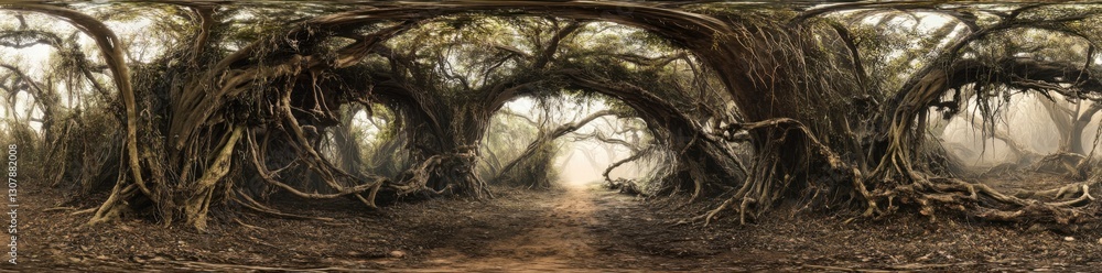 Fototapeta premium Panoramic photo of an ancient tree archway in the jungle, with winding vines and lush foliage reaching up to form the entrance way