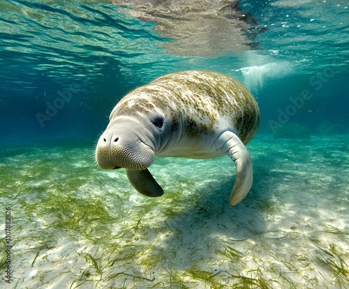 a docile manatee grazing on sea grass in calm waters
