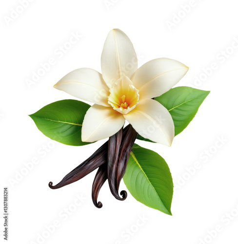 Fresh Vanilla Flower Blossom with Green Leaves and Dried Brown Vanilla Beans Pods Isolated on Transparent and White Background