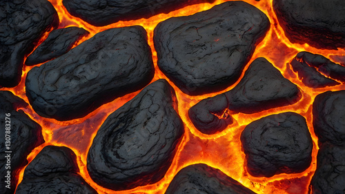 Lava Flowing Between Rocks: Close-up shot of volcanic activity shows hot lava flowing between cooling, dark rocks, capturing raw power and natural textures.