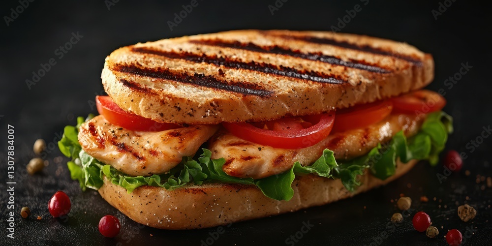 Grilled chicken sandwich with fresh vegetables served on whole grain bread ready for enjoyment Grilled chicken sandwich with fresh vegetables served on whole grain bread ready for enjoyment