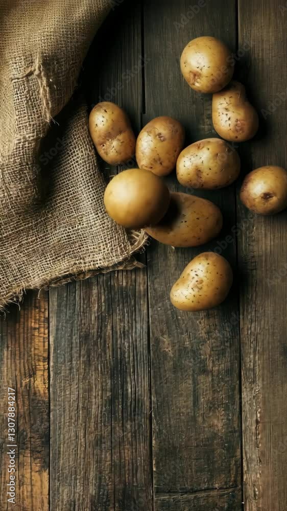Rustic arrangement of potatoes and burlap on aged wooden table Rustic arrangement of potatoes and burlap on aged wooden table