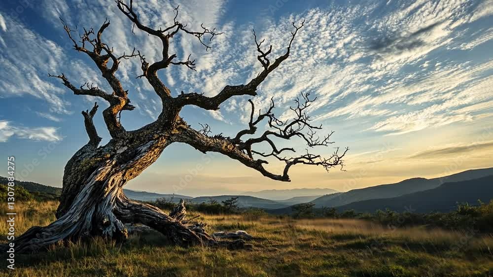 Majestic Sunset Over Mountain Landscape with a Weathered Tree Majestic Sunset Over Mountain Landscape with a Weathered Tree