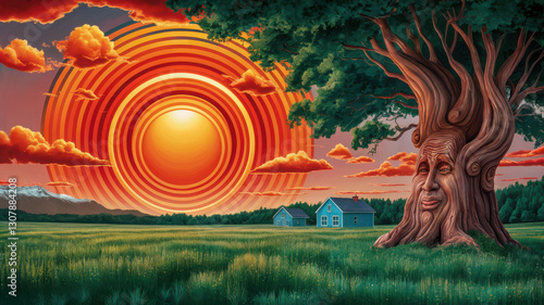 Wallpaper Mural Fantasy landscape with a glowing sun and hills Torontodigital.ca