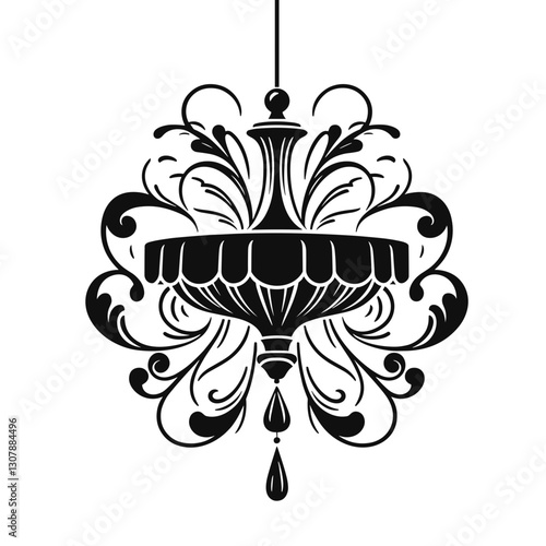 Ornate black chandelier design, intricate details, elegant decor, luxurious silhouette,  cut out