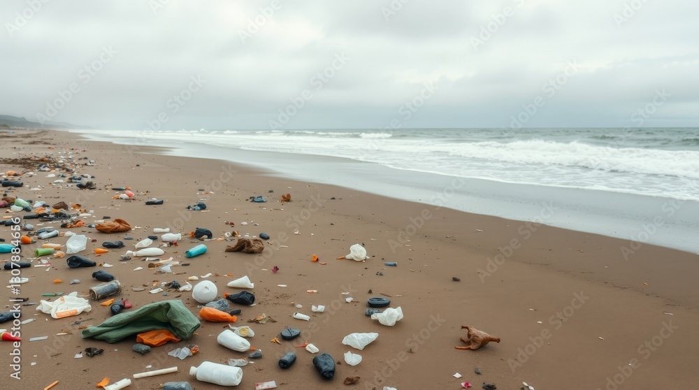 Generative AI. Washed-up trash, dark stormy clouds, dramatic lighting. Generative AI. Washed-up trash, dark stormy clouds, dramatic lighting.