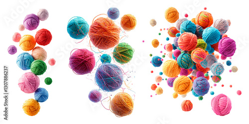 Naklejka Colorful yarn balls floating on a transparent background. Various skeins of wool in bright colors, knitting and craft
