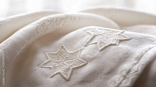 Intricately embroidered white tablecloth with star of david motif for passover celebration. concept of tradition, spirituality, jewish heritage, pesach. photo