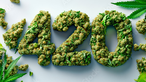 Number 420 made of cannabis flowers on light background. Symbol of cannabis smoking culture photo